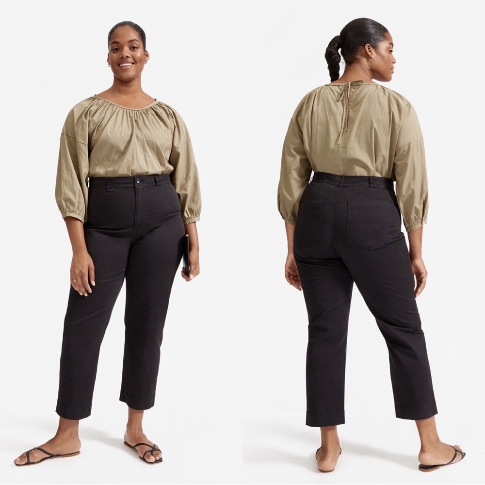 Everlane Olive Green Blouson Sleeve Top with Black Pants